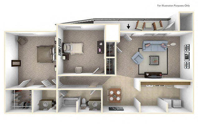 Floor plan for 2 beds, 1.5 baths, 840 sqft